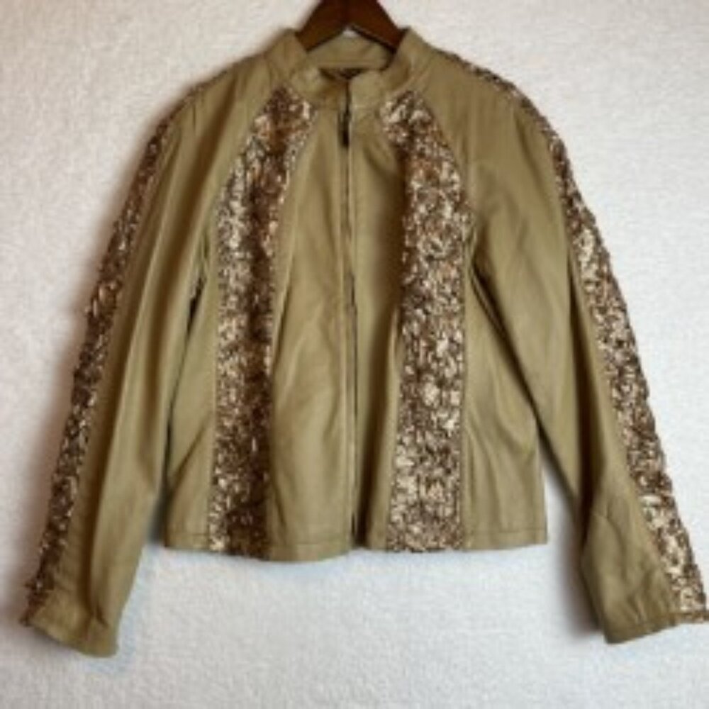 PAMELA MCCOY COUTURE VTG TAN LEATHER JACKET WITH RIBBON EMBELLISHMENT SIZE M